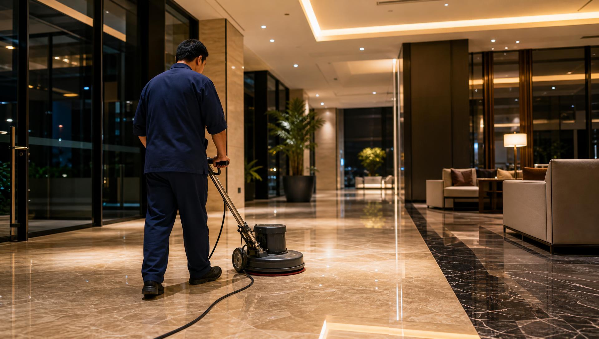 Professional janitorial technician polishing the floor of a modern commercial office lobby